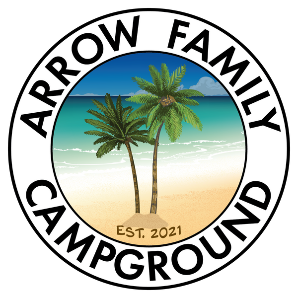 Circle logo with 'Arrow Family Campground' wrapped text with two palm trees in the center. The ocen and shoreline appears in the background with the palm trees.